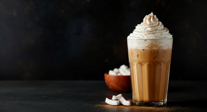 Iced coffee with whipped cream and coconut topping on dark background