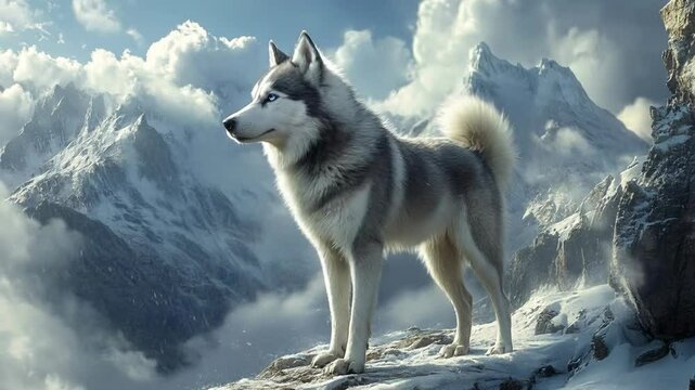 A husky dog stands against the backdrop of snow-capped mountains.