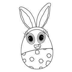 Fototapeta premium Black and white coloring page with a smiling anthropomorphic baby Easter egg wearing pants with clouds and Easter bunny ears on his head. Great for kids activities.