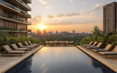 Obraz premium Rooftop Pool with Loungers and City Skyline at Sunset with orange Sky and Golden Light Reflecting on Water and Architectural Buildings