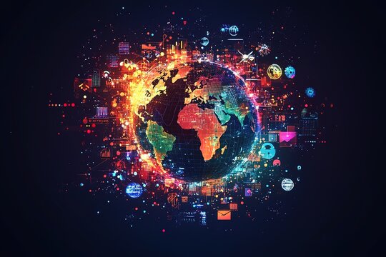 Colorful tech globe with various icons, reflecting global tech interactions and digital communications.