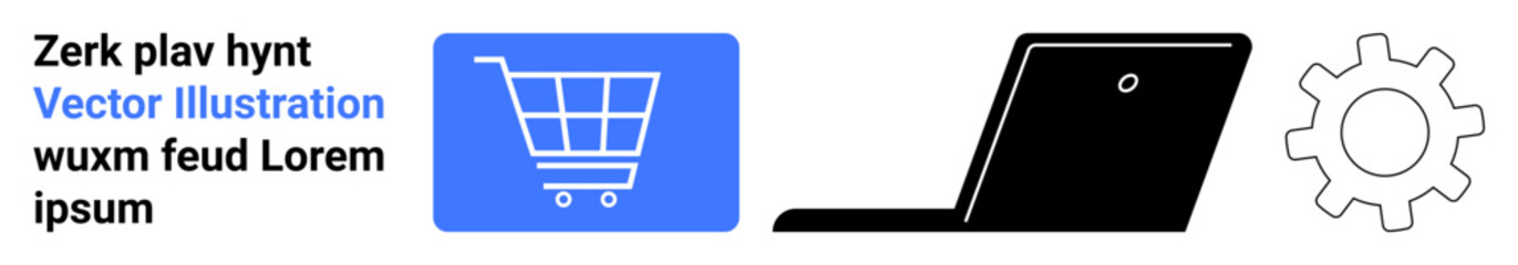 Shopping cart icon, laptop silhouette, gear graphic symbolizing online shopping, technology setup, and e-commerce tools. Ideal for retail, delivery, tech interface, digital solutions automation app