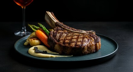 Gourmet grilled tomahawk steak with vegetables and truffle mashed potatoes on slate plate