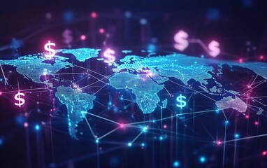 Tech globe with dollar symbols and network connections, symbolizing global economic tech and digital interactions.