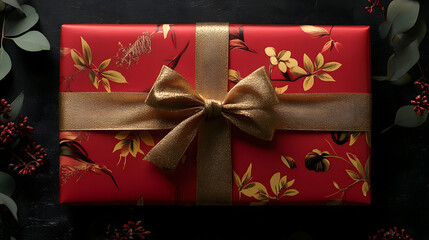 A chic and elegant gift wrapped in red glossy paper with a golden bow, perfect for any celebration.