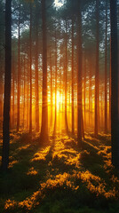 Obraz premium Sunlight filters through tall trees creating a warm glow on the forest floor with green vegetation and shadow contrasts