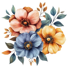 Beautiful floral arrangement featuring three colorful flowers with leaves. Clipart Photo isolated on transparency background