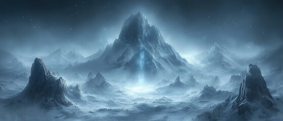 Ethereal glow illuminates icy peaks under a starry night.