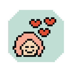 Fototapeta premium Cute pixel cartoon 8bit character woman lady feel love happy happiness heart emotion decoration in love 8 bit female girl happy favorite like mood game isolated PNG vector.