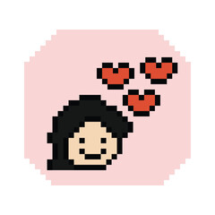 Obraz premium Cute pixel cartoon 8bit character man feel love happy happiness heart emotion decoration in love 8 bit male boy happy favorite like mood game isolated PNG vector.