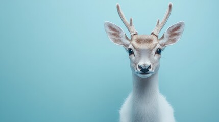 Obraz premium Deer with small antlers gazes forward on a blue backdrop