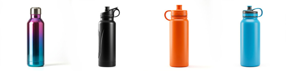 Assorted Water Bottles Isolated on White - Hydration, fitness, health, refreshment, lifestyle. Four different color water bottles, perfect for sports, travel