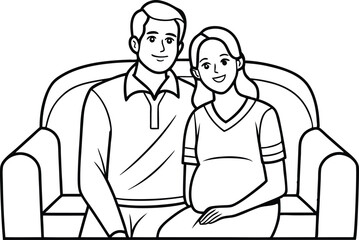 Happy Cartoon Couple on Sofa Outline, Pregnant Woman, Transparent Background