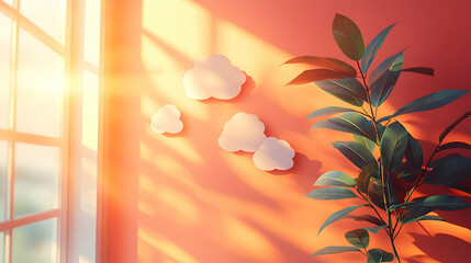 Sunlit room with paper clouds and a plant against a peach wall bathed in warm light from a window