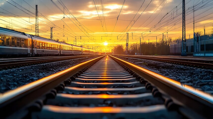 Obraz premium Golden Sunset Over Train Tracks with Glowing Lights in the Evening Sky&nbsp;