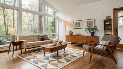 Fototapeta premium Cozy Living Room with Beige Sofa and Geometric Rug
