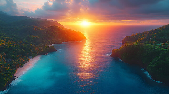 Sunset over lush tropical coast turquoise ocean and pristine beach reflecting the golden light creates a serene parad