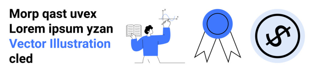 Man holding book and presenting chart, blue ribbon icon, and dollar sign coin. Ideal for education, certification, finance, research, business, achievement simple landing page