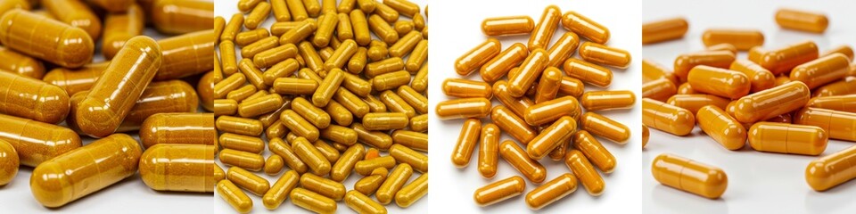Golden Capsules Isolated White Background - Health supplement, herbal medicine, wellness, natural remedy, dietary supplement. Bright yellow capsules symbolizing vitality and well-being