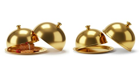 Golden Cloche Food Tray on White - Elegant golden cloche food trays, partially open, revealing delicious pastries. Symbolizes luxury, presentation, fine dining, service, and culinary excellence