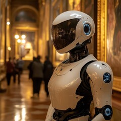 Fototapeta premium Futuristic Robot Standing in Artistic Gallery with Warm Lighting