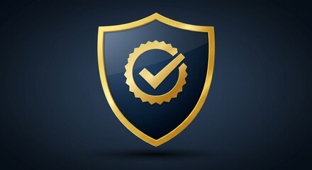 A golden shield of protection, bearing the mark of approval and security, a symbol of trust and verified safety on a dark navy background.