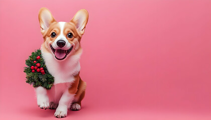 Smiling Corgi Dog with Christmas Wreath Sitting on Pink Background Festive Portrait Happy Holiday Theme Pet Animal Companion Celebration