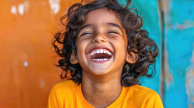 A child&acirc;&euro;&trade;s spontaneous laughter, dimples forming as they tilt their head back in happiness