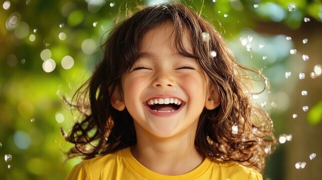 A child&acirc;&euro;&trade;s spontaneous laughter, dimples forming as they tilt their head back in happiness