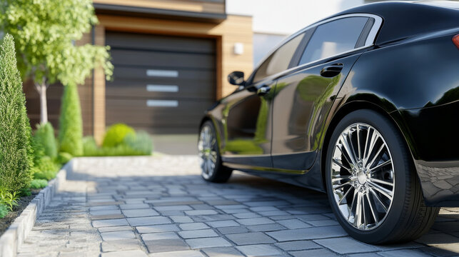 Fototapeta Luxury black car parked on driveway near modern house with green landscaping and garage door healthy lifestyle concept