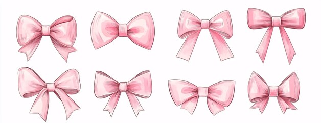 Set of various pink bows with different styles and shapes on white background