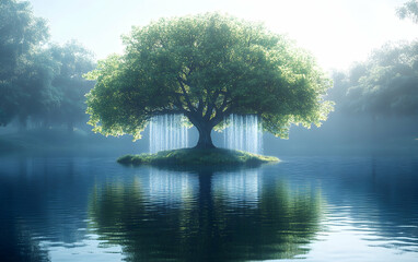Fototapeta premium Solitary Tree on Island Reflected in Calm Lake Waters with Sunlit Green Canopy and Forest Backdrop Creates a Peaceful Nature Landscape