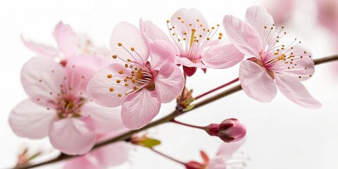 Fototapeta premium Delicate pink cherry blossoms bloom, showcasing intricate petals and bright stamens against a soft background, symbolizing beauty and renewal.