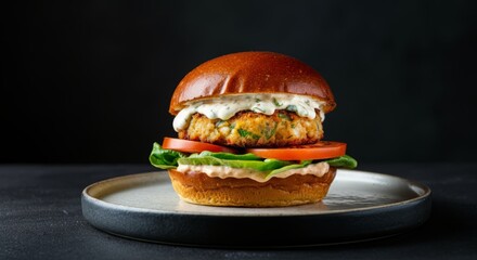 Delicious chicken burger with tartar sauce, lettuce, and tomato on plate