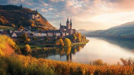 A stunning European landscape depicts a cathedral next to a river