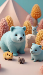 Adorable 3D Render of Cute Animals in a Whimsical Landscape