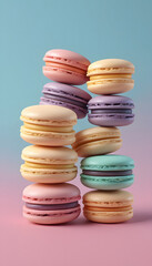 A Stack of Colorful Macarons on a Pink and Blue Background