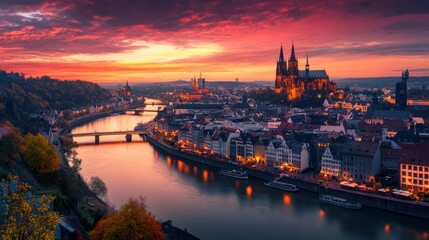 Obraz premium Beautiful city skyline viewed at sunset over a flowing river