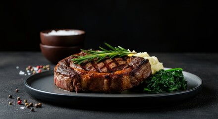 Grilled ribeye steak with rosemary, mashed potatoes, and spinach on black plate