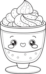 An adorable dessert parfait, a happy treat with whipped cream, smiling sweetly in a simple line drawing style.
