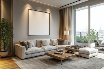 A modern living room with a large sectional sofa, a coffee table, and a balcony with city views