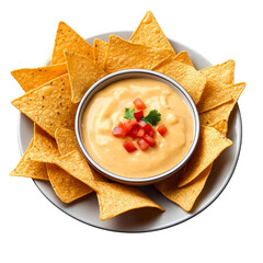 Cheese Dip with Tortilla Chips Isolated on Transparent Background, Food Photography, Nachos, tortilla chips, cheese sauce, nachos