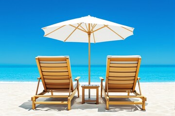 Wooden lounge chairs with a white umbrella on a sandy beach, facing the blue ocean under a clear sky. Relaxation and vacation concept. Ai generative