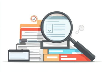A magnifying glass over a stack of documents and files with a check mark in a circle icon on top
