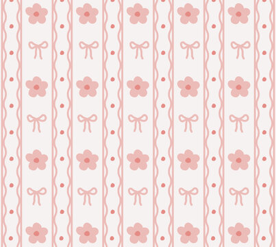 Trendy vintage vertical striped pattern with flowers and bows. Vector pink seamless print for print, wallpaper, textile, packaging, clothing, decor, surfaces and web. Trendy girly background design
