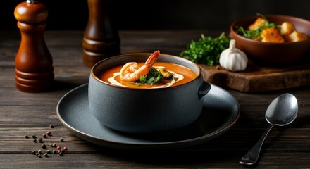 Gourmet seafood bisque with shrimp and cream in elegant bowl on rustic table