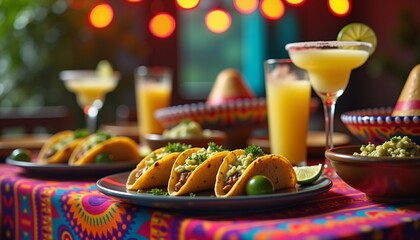 Colorful Mexican tacos and drinks on festive table  