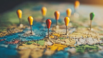 A world map outline features several map pins marking popular travel destinations, inviting exploration of new cultures and experiences.