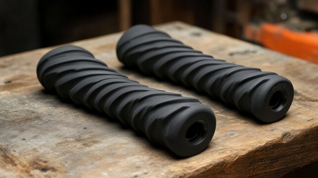 Dark gray, textured bicycle grips on a wooden surface