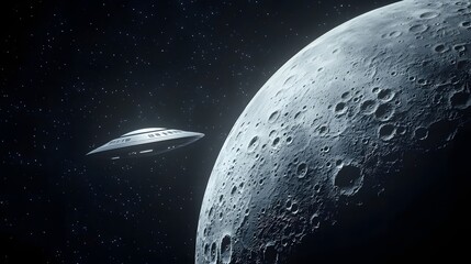 Obraz premium UFO flies over the big moon.